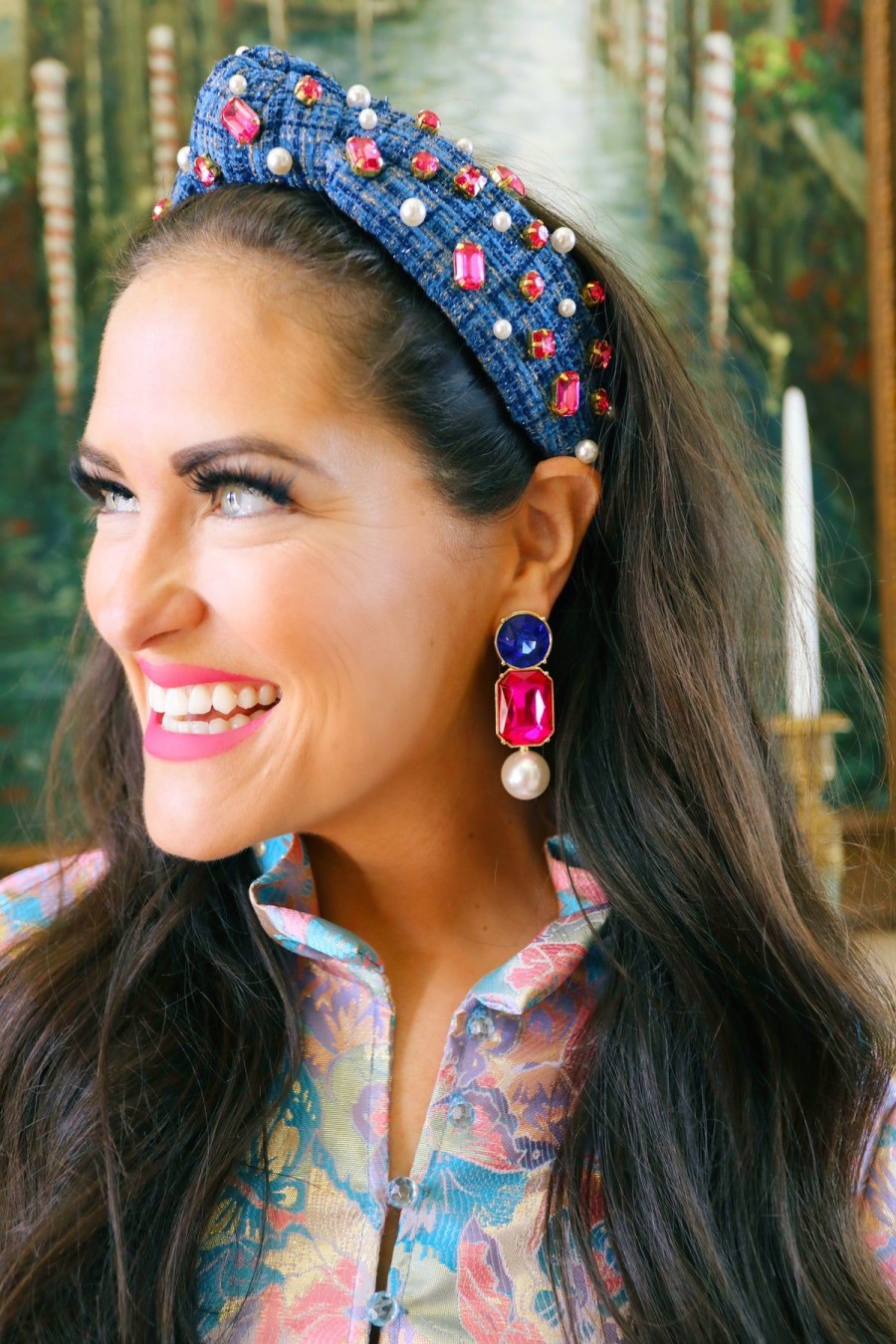 Accessories Brianna Cannon | Bc X Stylin Brunette - Hot Pink & Blue Jewel & Pearl Earrings