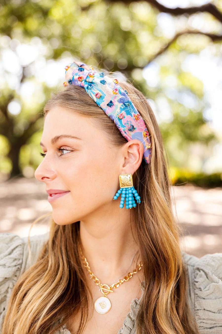 Accessories Brianna Cannon | Adult Size Pink & Blue Butterfly Brocade Headband