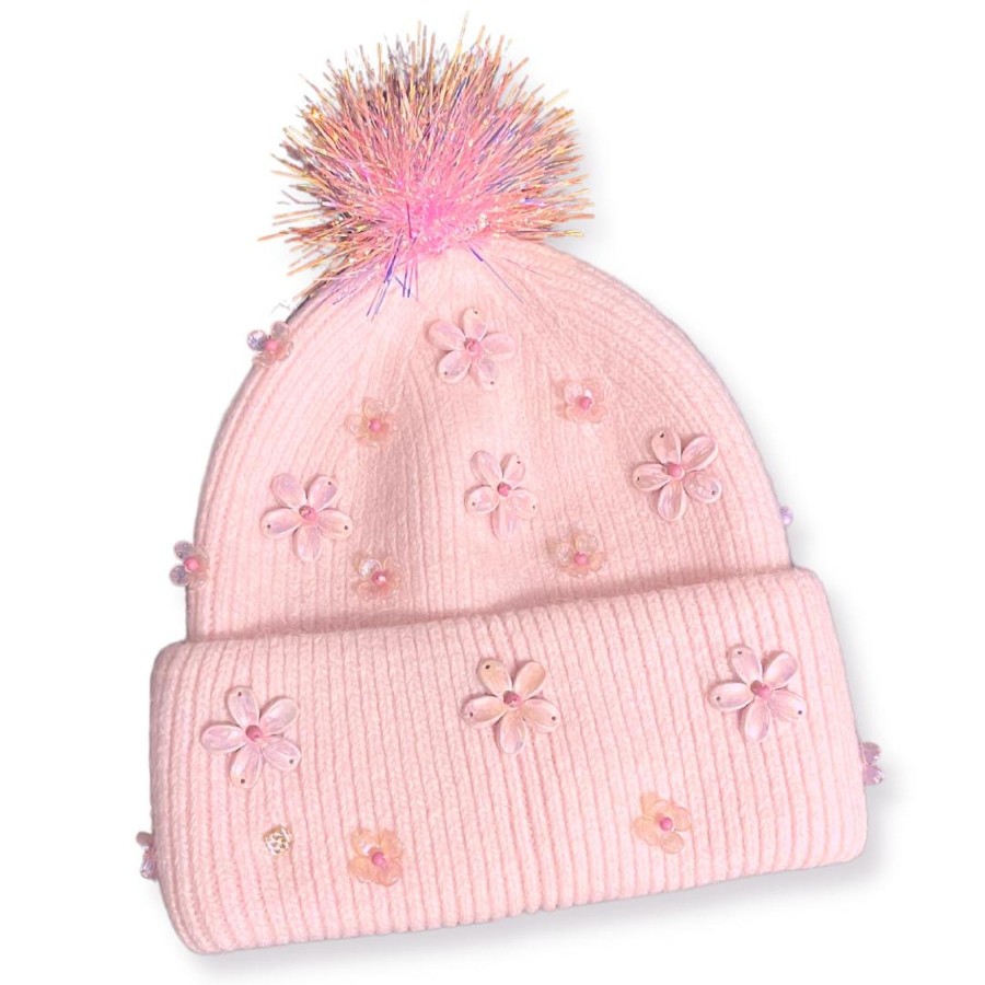 Pink Brianna Cannon | Pink Cashmere Beanie With Flowers And Iridescent Pompom