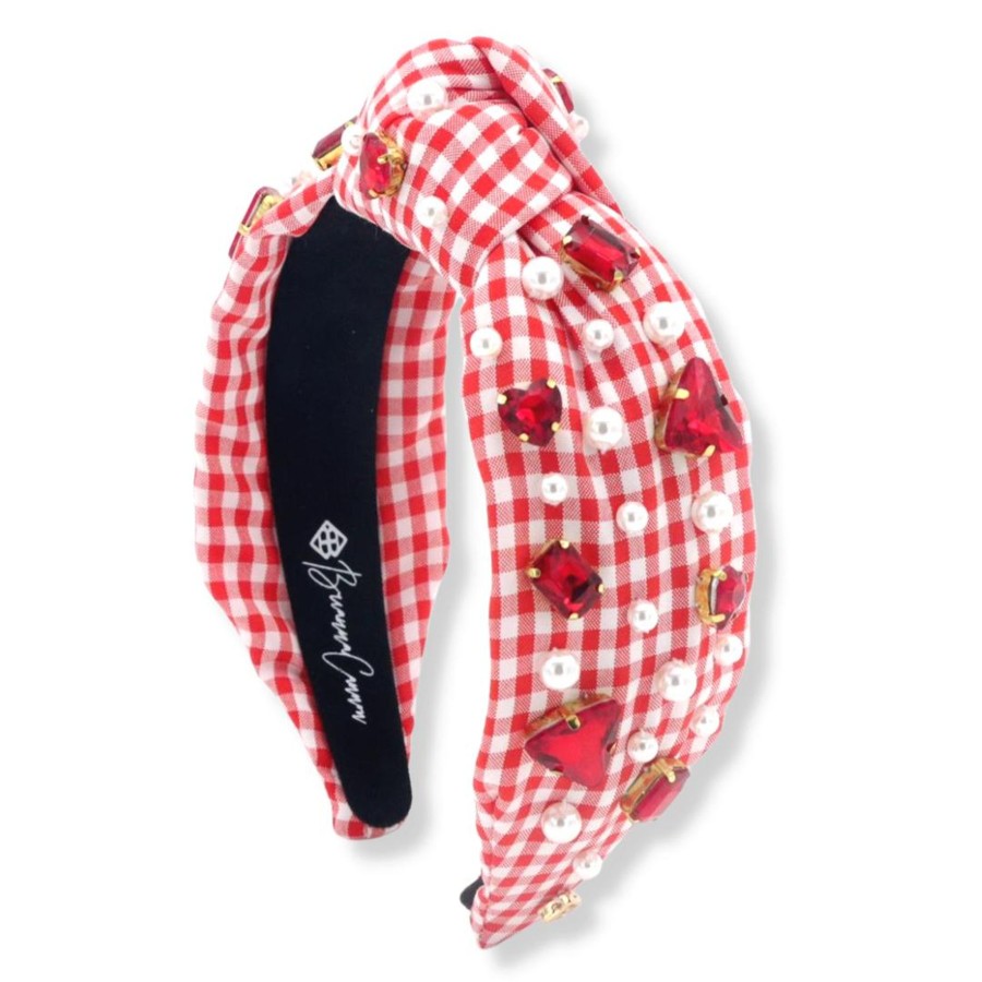 Accessories Brianna Cannon | Red And White Gingham Headband With Crystals And Pearls