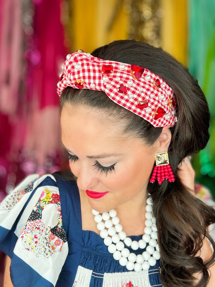 Accessories Brianna Cannon | Red And White Gingham Headband With Crystals And Pearls