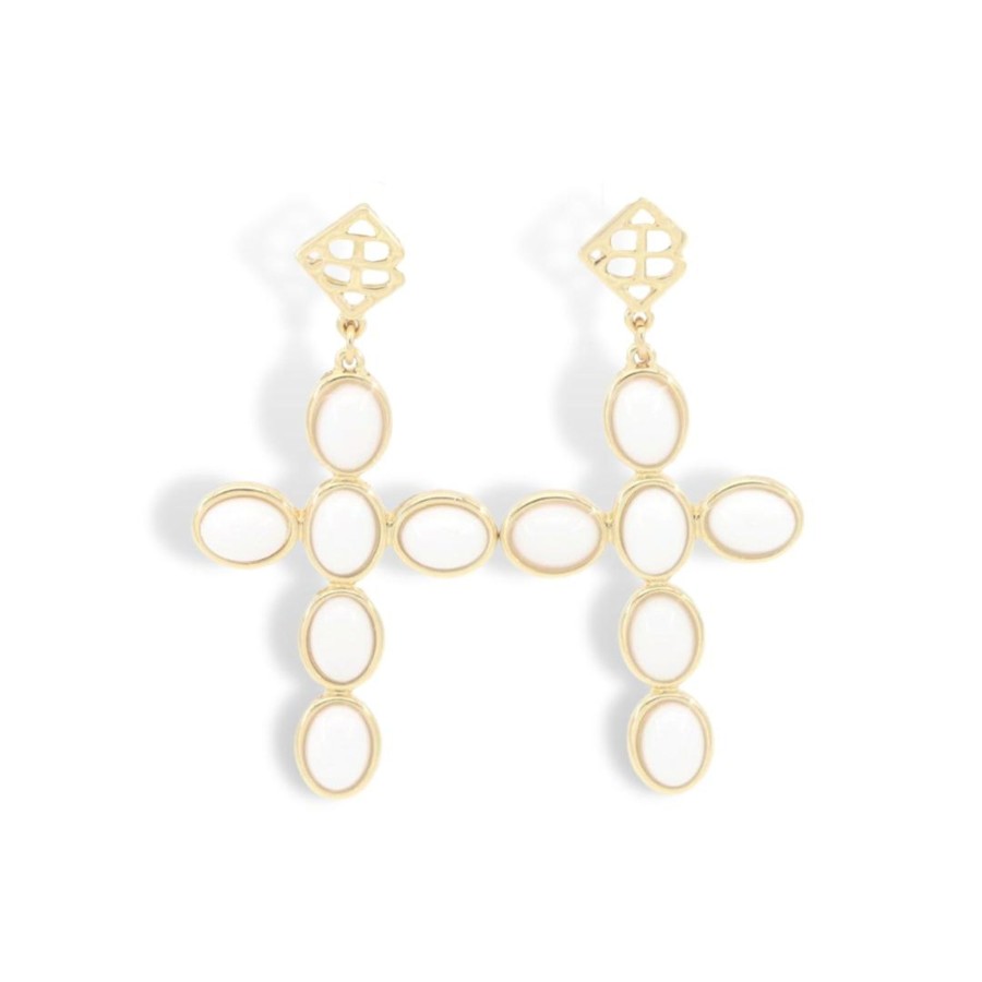 Accessories Brianna Cannon | White Cabochon Cross Earrings With White Beads