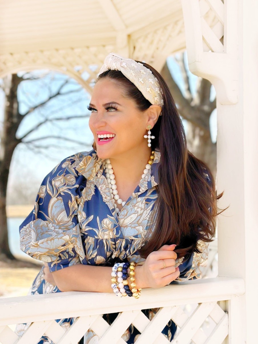 Accessories Brianna Cannon | White Cabochon Cross Earrings With White Beads