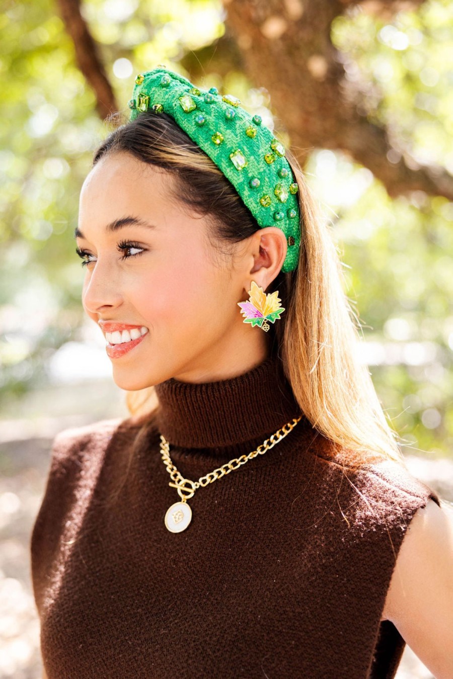 Accessories Brianna Cannon | Green Knit Headband With Crystals & Pearls