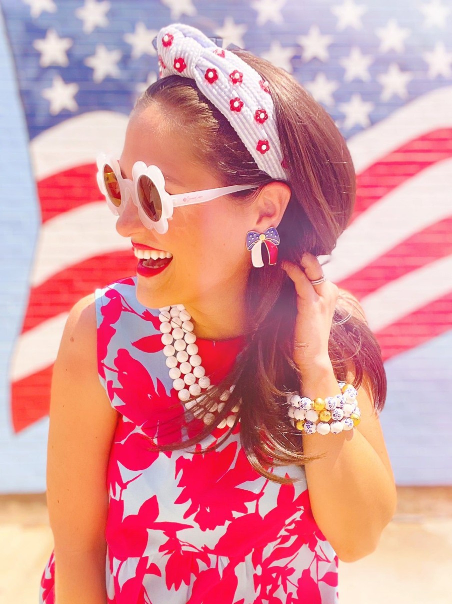 Patriotic Brianna Cannon | Blue And White Seersucker Striped Headband With Red Flowers