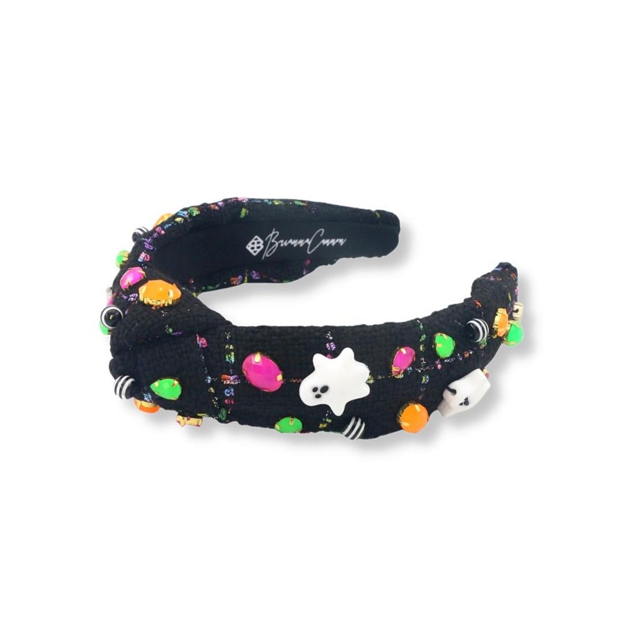 Accessories Brianna Cannon | Child Size Black Tweed Headband With Ghosts & Neon Crystals