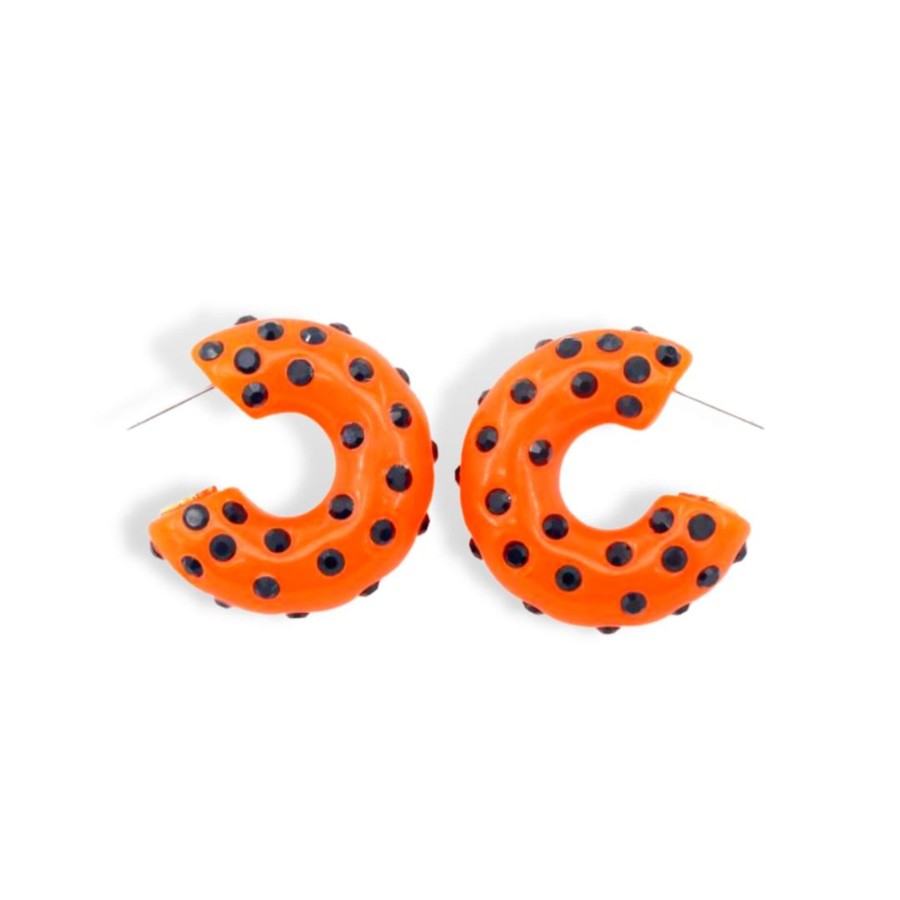 Halloween Brianna Cannon | Neon Orange Huggie Hoop Earrings With Black Crystals