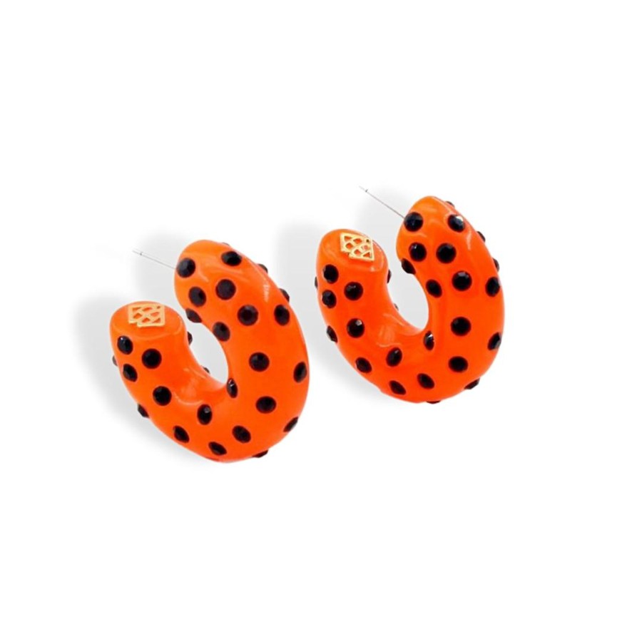 Halloween Brianna Cannon | Neon Orange Huggie Hoop Earrings With Black Crystals