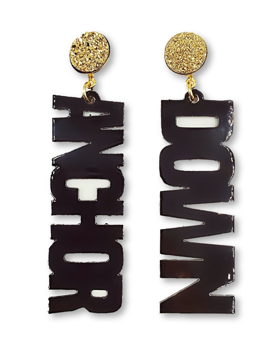 Accessories Brianna Cannon | Vanderbilt Black Anchor Down Earrings With Gold Druzy