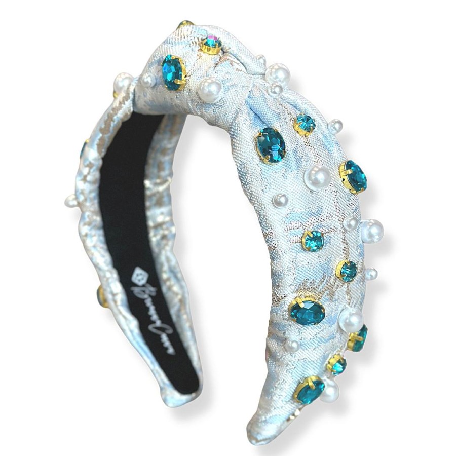 Accessories Brianna Cannon | Blue Jacquard Metallic Headband With Crystals And Pearls