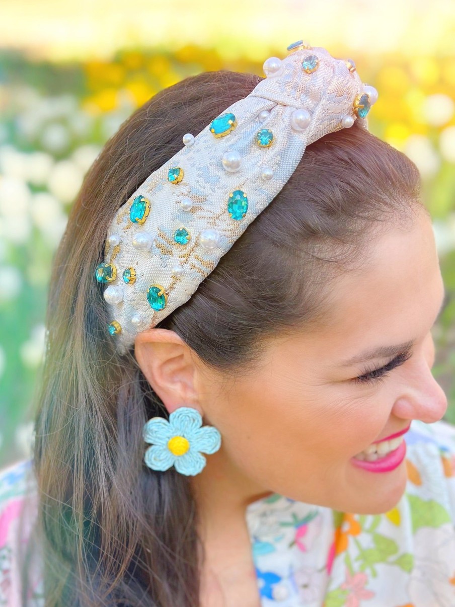 Accessories Brianna Cannon | Blue Jacquard Metallic Headband With Crystals And Pearls