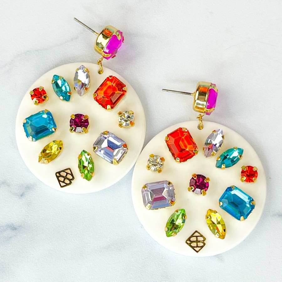 Accessories Brianna Cannon | White Round Drop Earrings With Rainbow Crystals