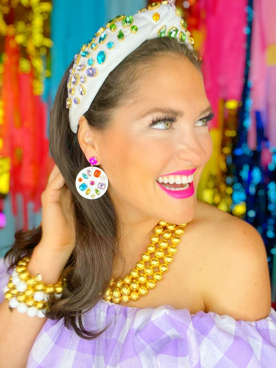 Accessories Brianna Cannon | White Round Drop Earrings With Rainbow Crystals