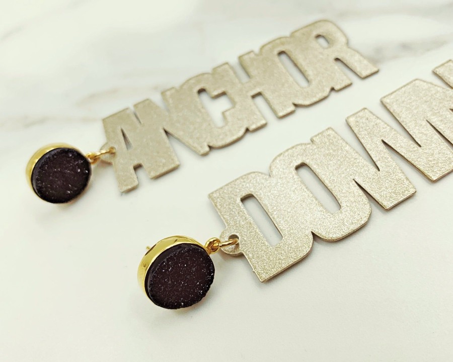 Accessories Brianna Cannon | Vanderbilt Gold Tone Anchor Down Earrings With Black Druzy