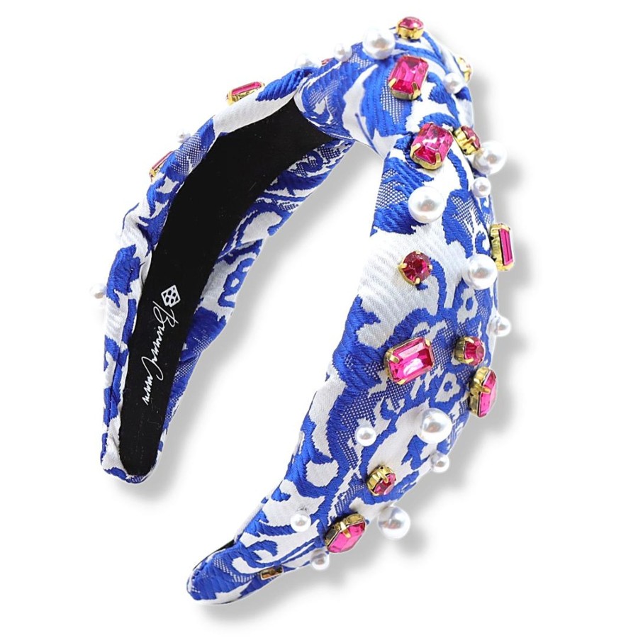 Accessories Brianna Cannon | Blue And White Brocade Headband With Pink Crystals And Pearls