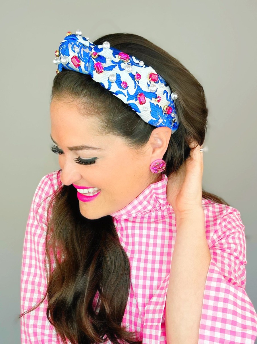 Accessories Brianna Cannon | Blue And White Brocade Headband With Pink Crystals And Pearls