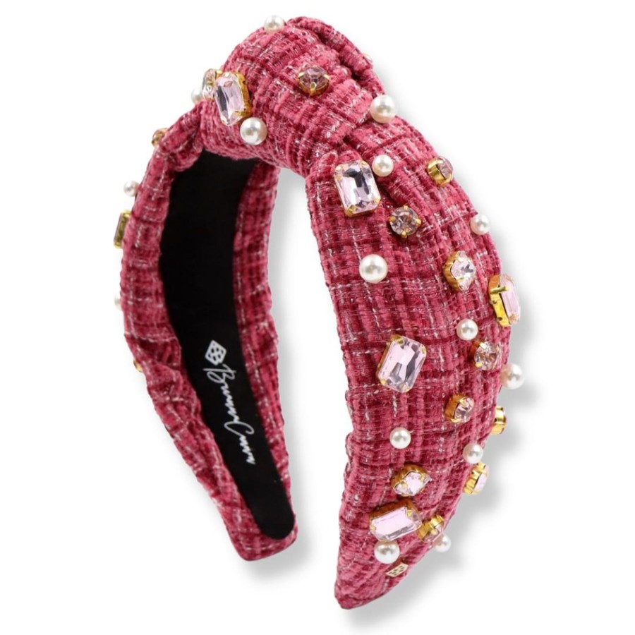 Accessories Brianna Cannon | Bc X Stylin Brunette - Maroon Tweed Headband With Blush Pink Crystals & Pearls