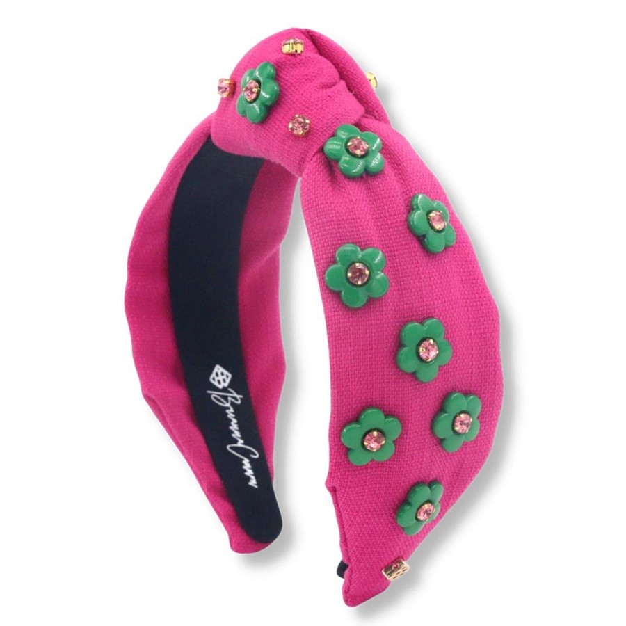 Accessories Brianna Cannon | Adult Size Magenta Twill Headband With Green Flowers