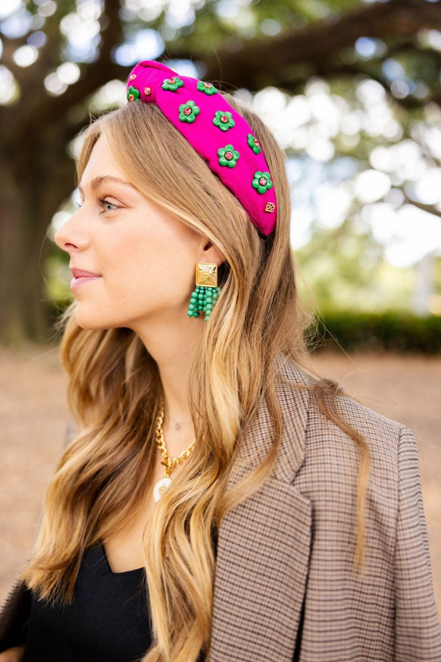 Accessories Brianna Cannon | Adult Size Magenta Twill Headband With Green Flowers