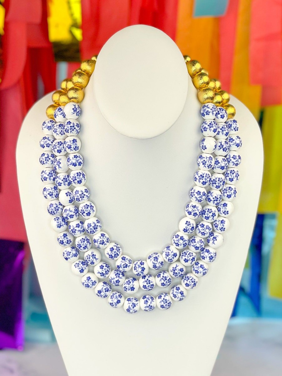 Patriotic Brianna Cannon | 3 Strand Blue And White Floral Beaded Brianna Necklace