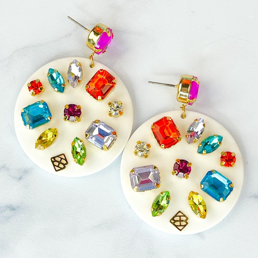 Rainbow Brianna Cannon | White Round Drop Earrings With Rainbow Crystals