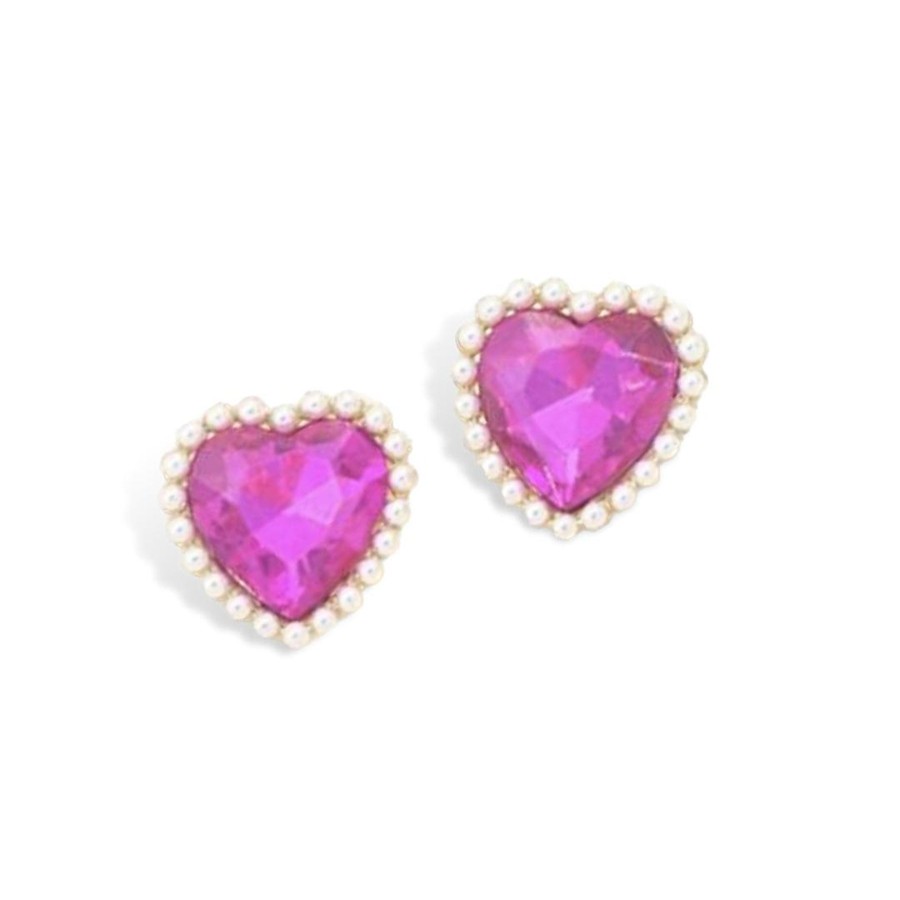 Accessories Brianna Cannon | Hot Pink Crystal And Pearl Heart Studs