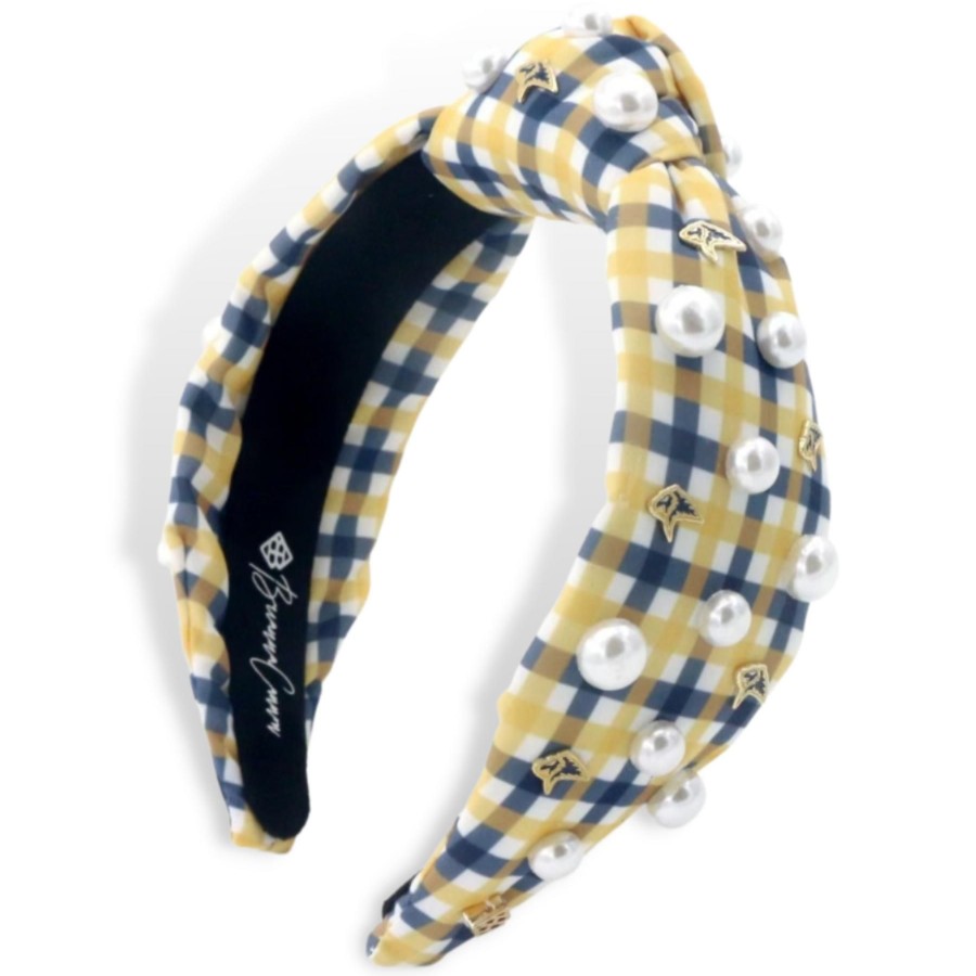 Accessories Brianna Cannon | Adult Size Gold And Navy Gingham Pca Logo Headband With Pearls