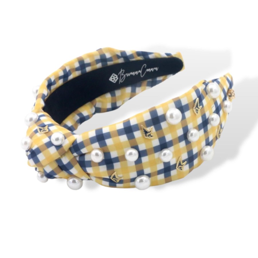 Accessories Brianna Cannon | Adult Size Gold And Navy Gingham Pca Logo Headband With Pearls