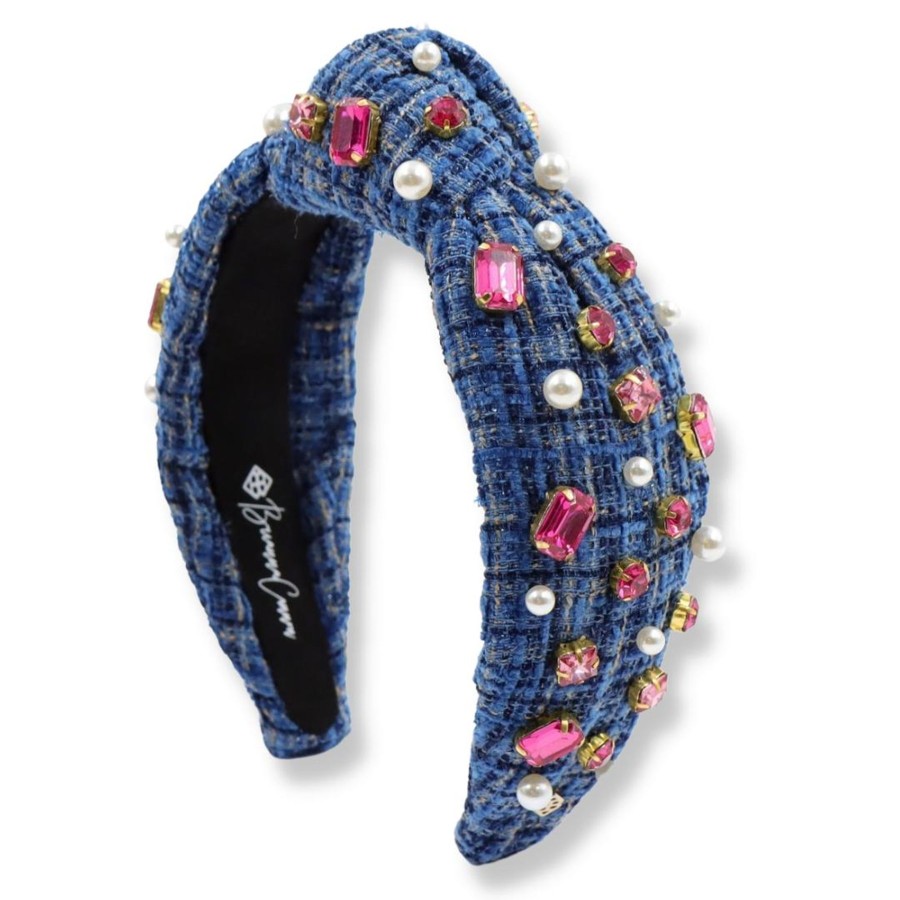 Accessories Brianna Cannon | Bc X Stylin Brunette - Blue Tweed Headband With Hot Pink Crystals & Pearls