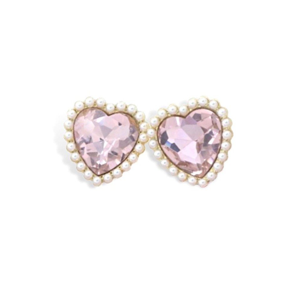 Accessories Brianna Cannon | Light Pink Crystal And Pearl Heart Studs