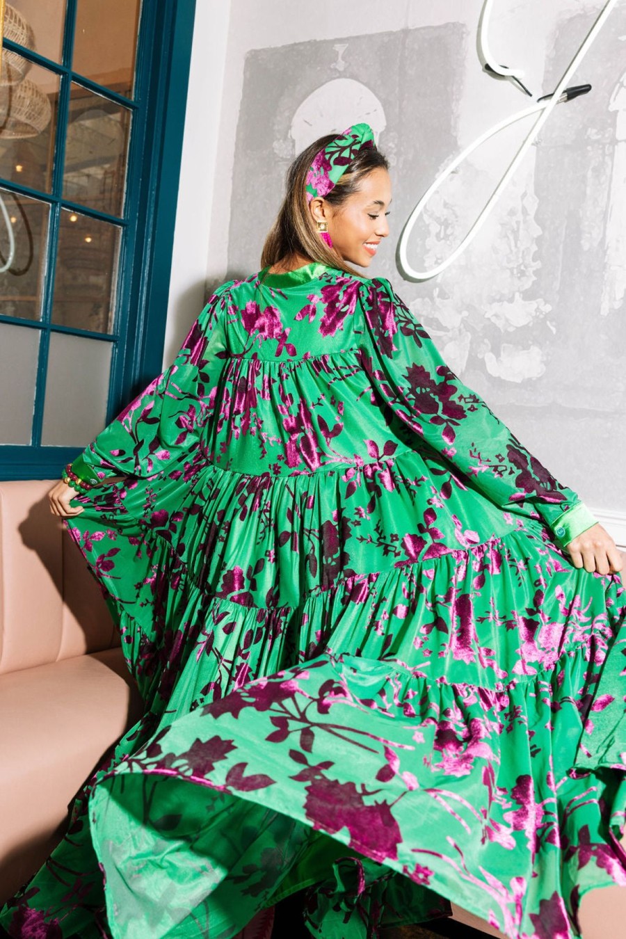 Dresses Brianna Cannon | Everyday Maxi - Green With Fuchsia Velvet