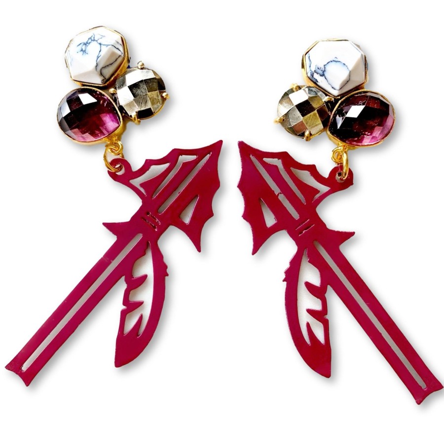 Accessories Brianna Cannon | Fsu Garnet Spear Earrings With 3 Gemstones