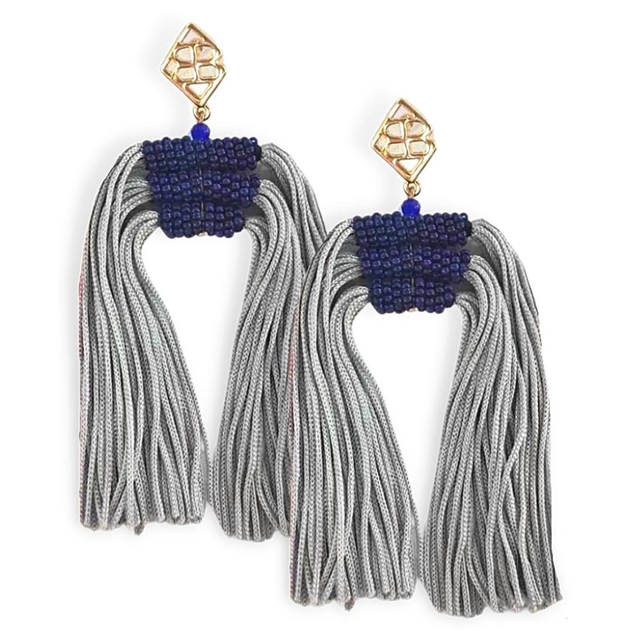 Accessories Brianna Cannon | Color Block Tassel Earrings - Navy And Silver