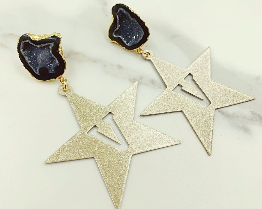 Accessories Brianna Cannon | Vanderbilt Gold Tone Star Earrings With Black Geode