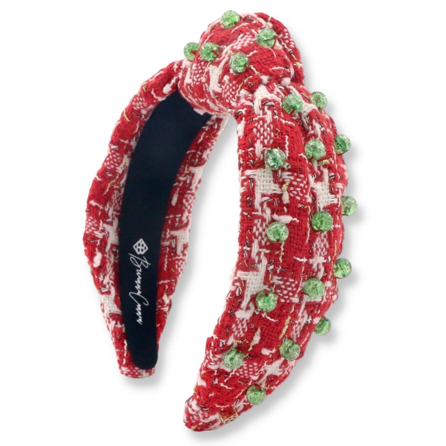 Accessories Brianna Cannon | Red & White Tweed Headband With Green Glass Beads