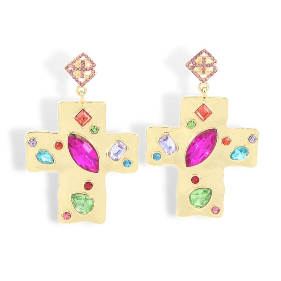 Accessories Brianna Cannon | Hammered Gold Cross Earrings With Multicolored Jewels