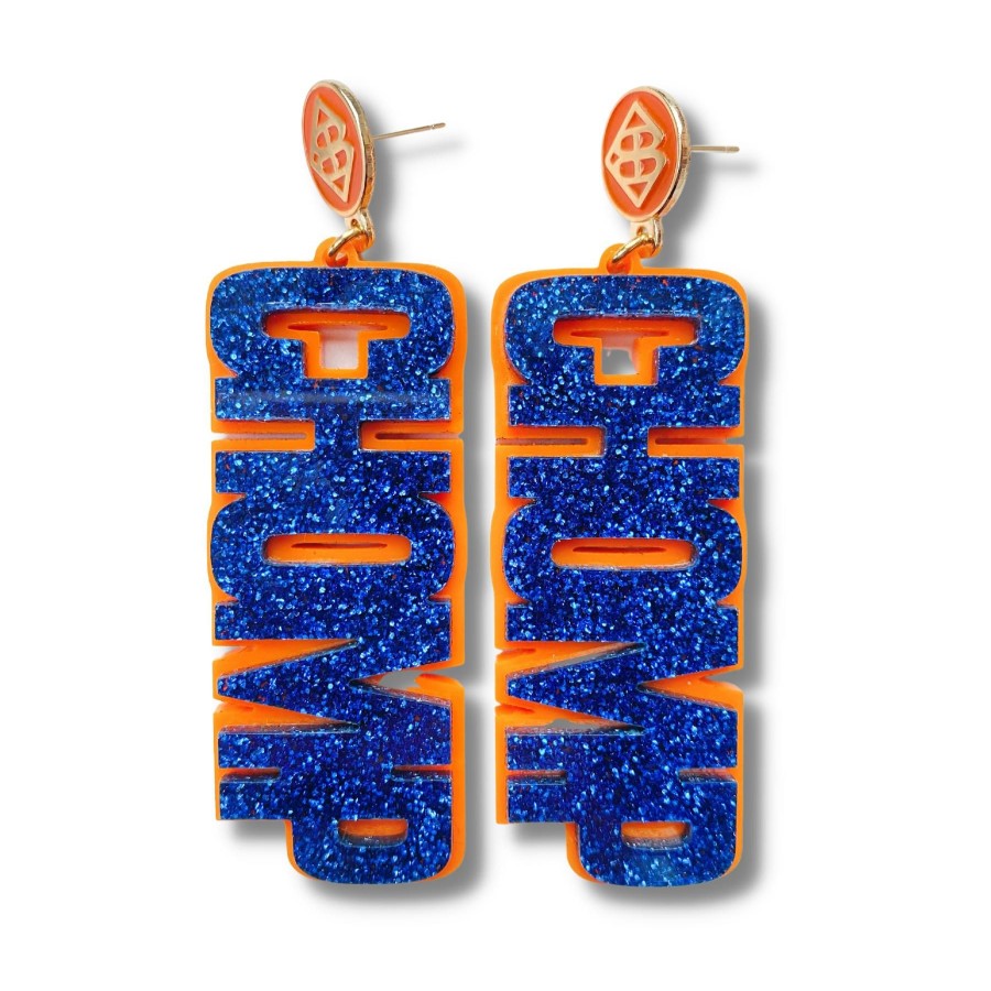 Accessories Brianna Cannon | Florida - Blue Glitter Chomp Chomp Earrings Over Orange With Orange Logo Top