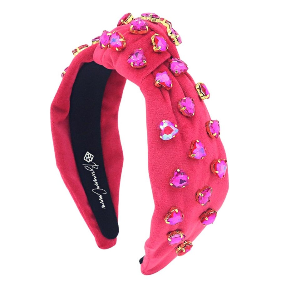 Pink Brianna Cannon | Hot Pink Velvet Headband With Hand-Sewn Hot Pink Crystal Hearts