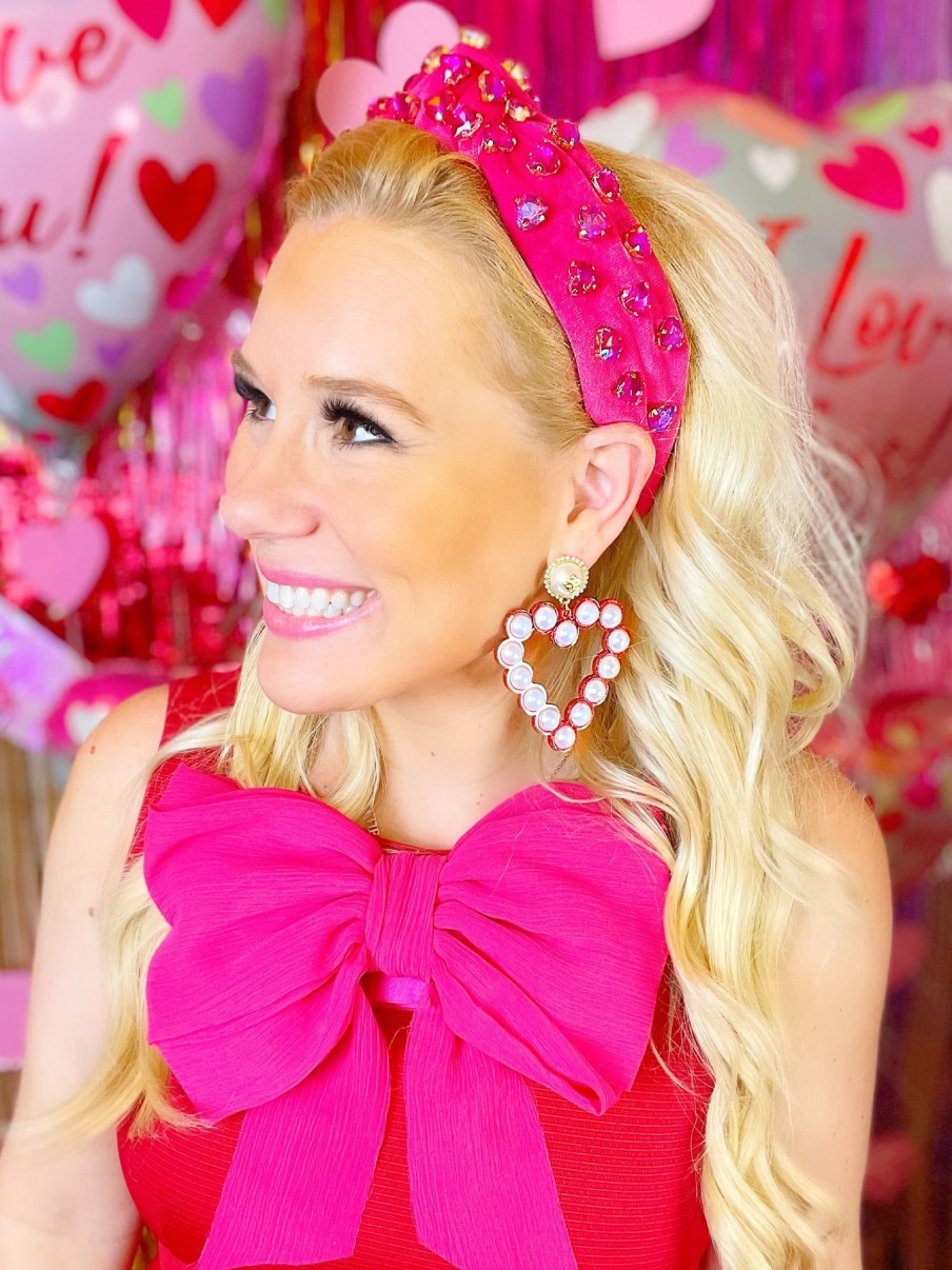 Pink Brianna Cannon | Hot Pink Velvet Headband With Hand-Sewn Hot Pink Crystal Hearts