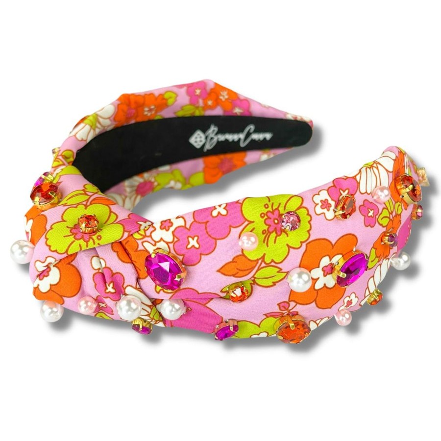 Accessories Brianna Cannon | Pink And Orange Retro Floral Headband With Crystals And Pearls