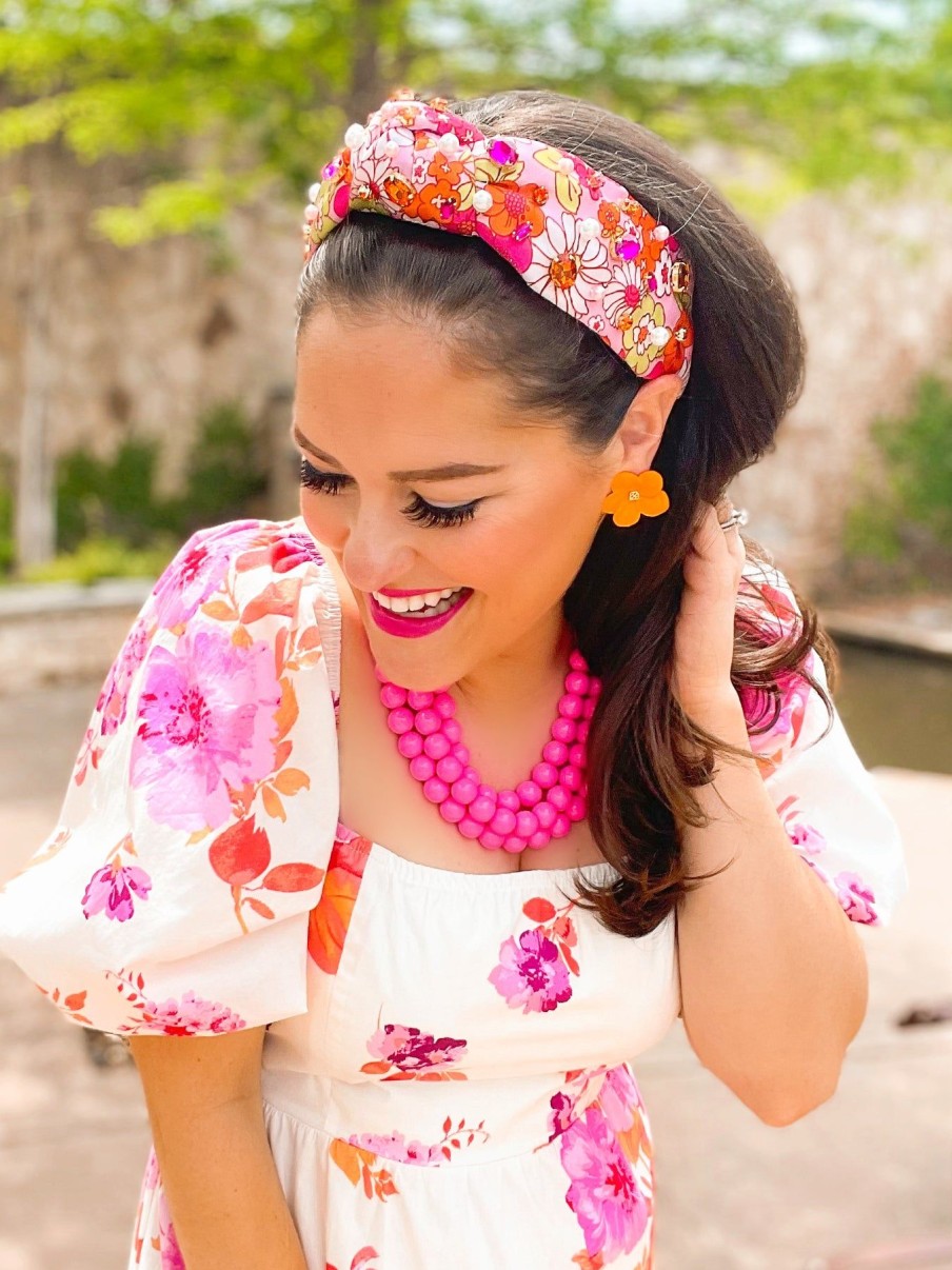 Accessories Brianna Cannon | Pink And Orange Retro Floral Headband With Crystals And Pearls