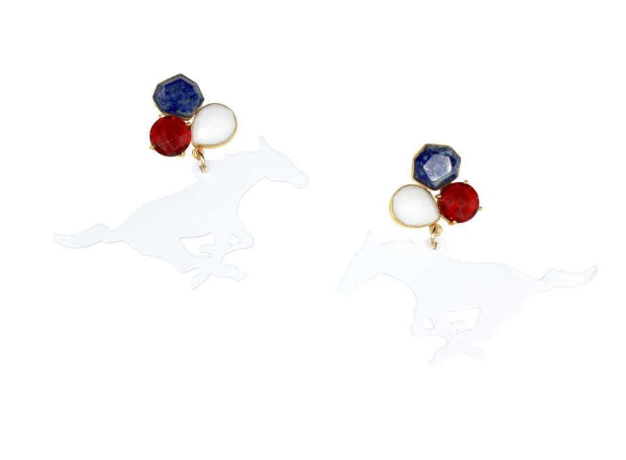 Accessories Brianna Cannon | Smu White Mustang Earrings With 3 Gemstones