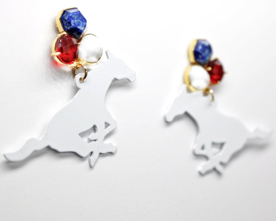 Accessories Brianna Cannon | Smu White Mustang Earrings With 3 Gemstones