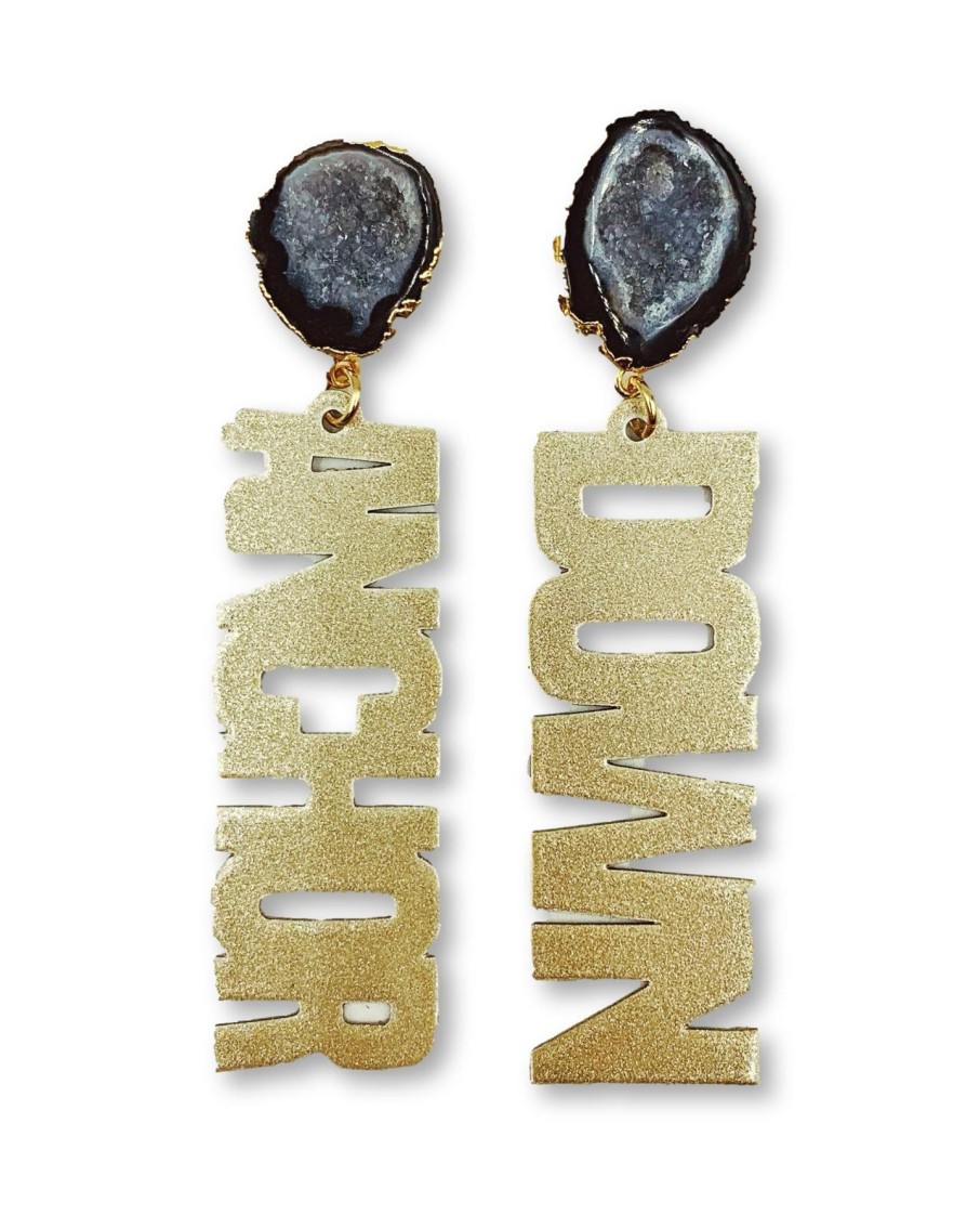 Accessories Brianna Cannon | Vanderbilt Gold Tone Anchor Down Earrings With Black Geode