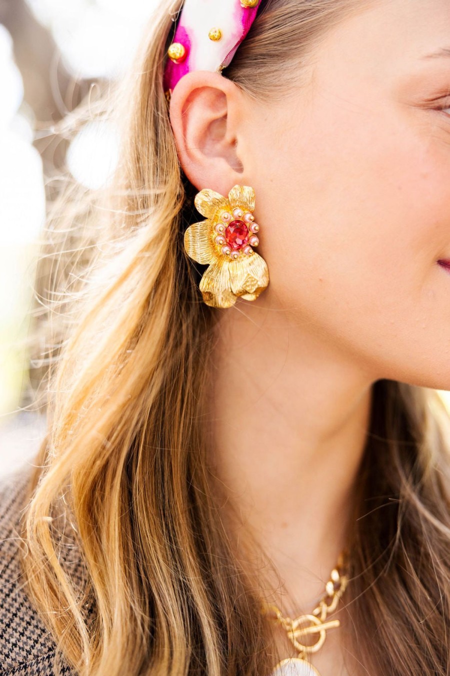 Accessories Brianna Cannon | Golden Bloom Statement Earrings In Pink