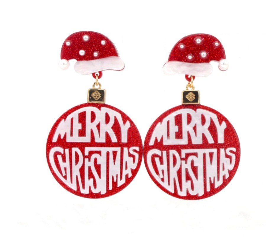 Accessories Brianna Cannon | Red Merry Christmas Earring With Santa Hat