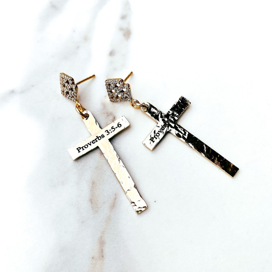 Accessories Brianna Cannon | 24K Gold Plated, Hand-Hammered Cross Earrings (Customization Available)