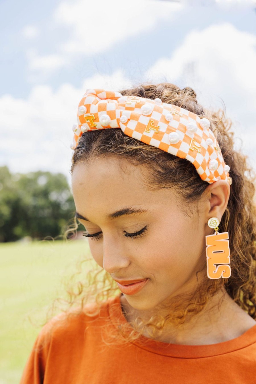 Accessories Brianna Cannon | Orange And White Checkerboard Tennessee Logo Headband