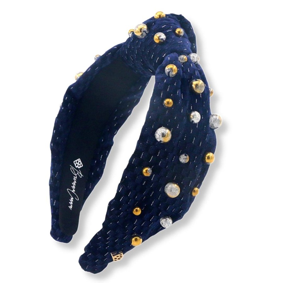 Accessories Brianna Cannon | Navy Velvet Headband With Gold And Silver Beads