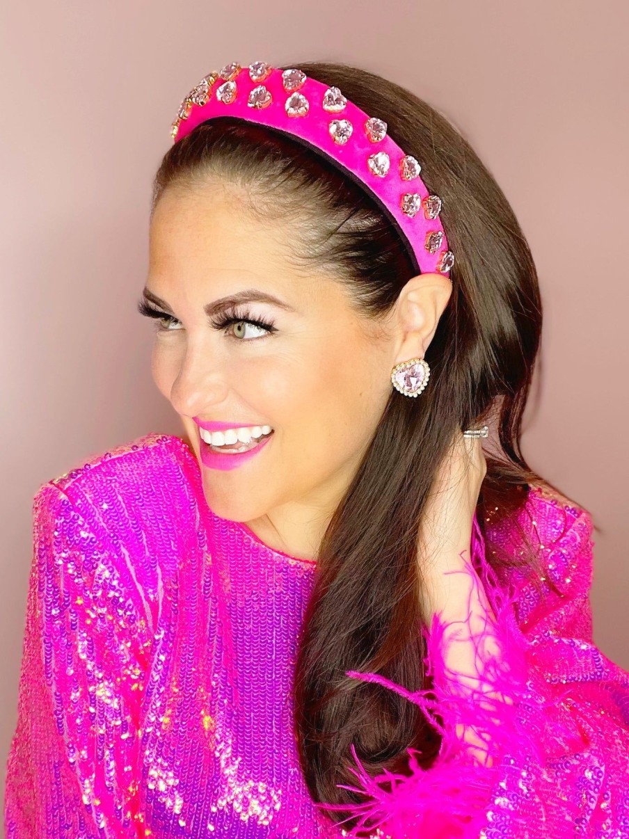 Accessories Brianna Cannon | Thin Hot Pink Velvet Headband With Light Pink Heart Crystals